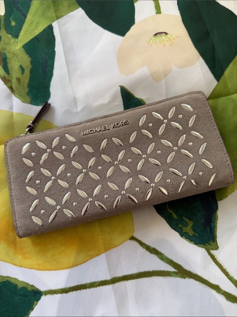 Michael Kors Taupe Suede Zip Wallet with Silver Stud Accents